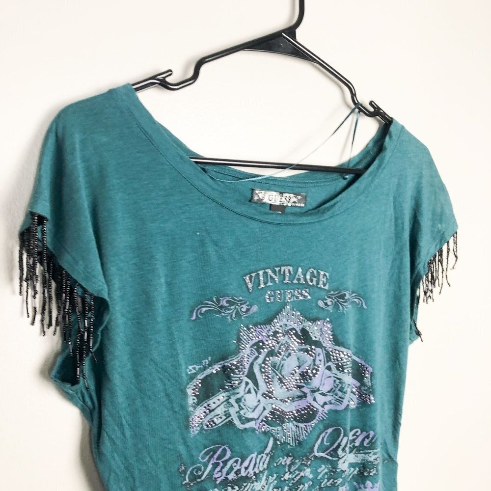 Guess Rhinestone Fringe Sleeve Cropped Baby Tee Team XS - Picture 3 of 7
